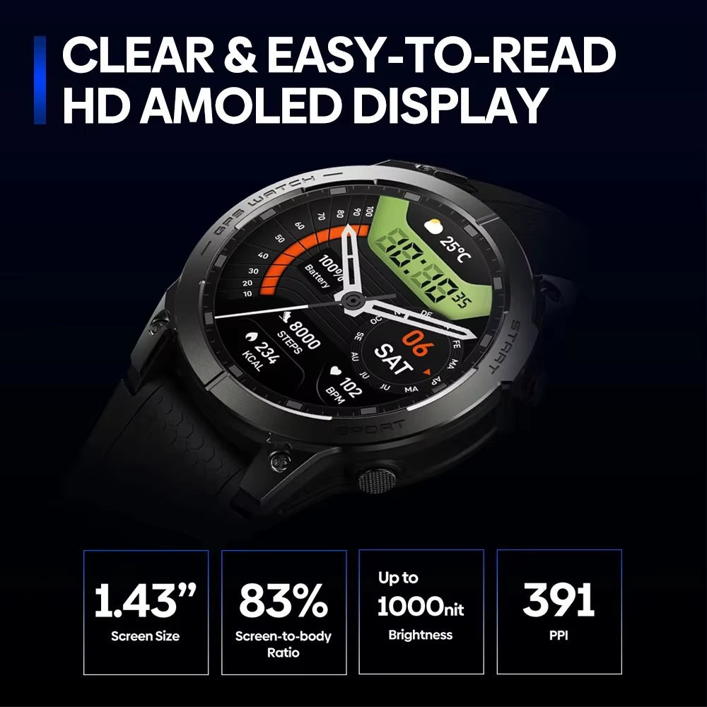 New  Stratos 3 PRO GPS Smart Watch 1.43” HD AMOLED Display Built-In GPS Bluetooth Phone Calls Sports Smartwatch for Men